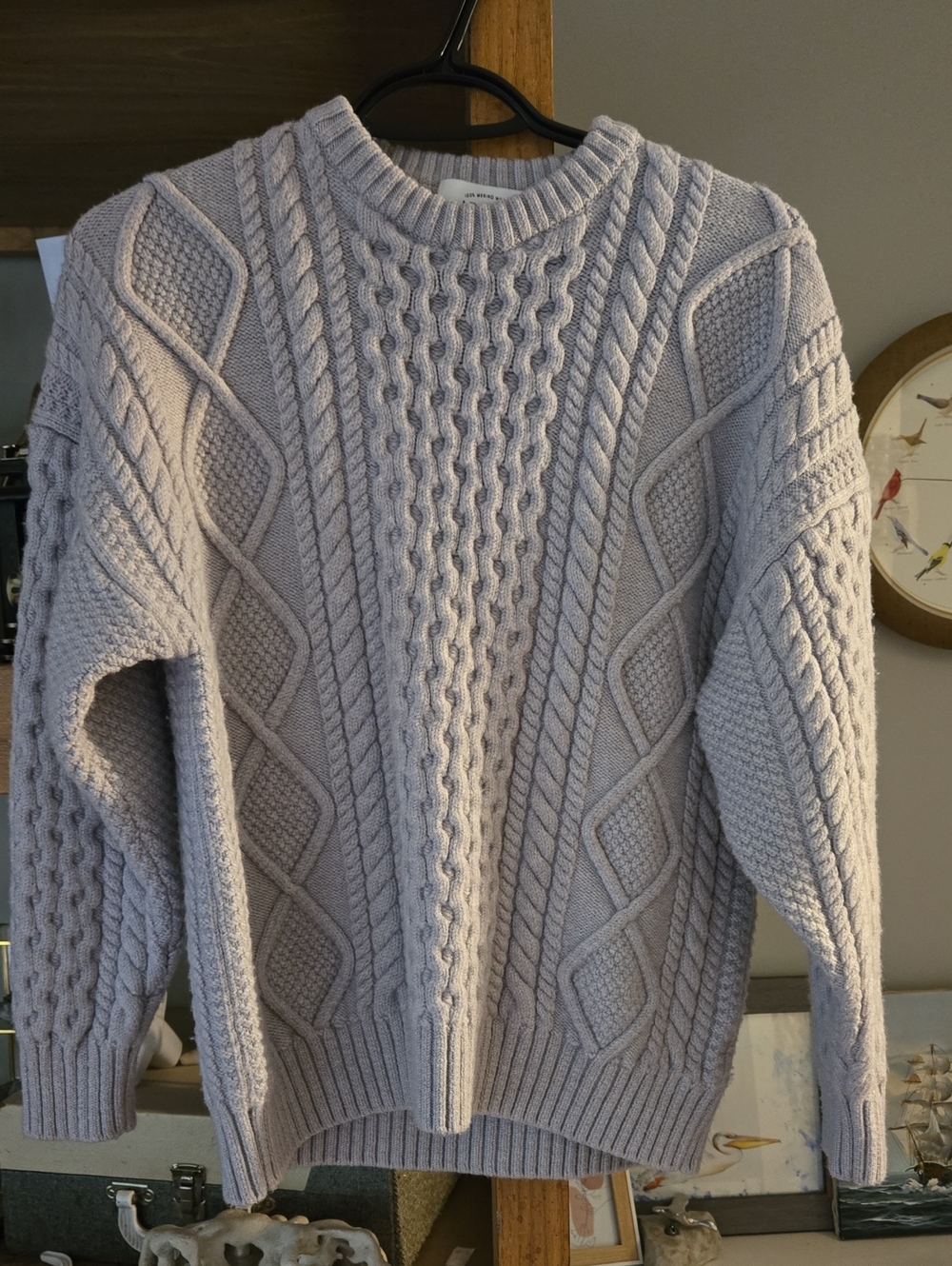 Aritzia Womens Thick Wool Cable Knit Crewneck Sweater - Light Gray